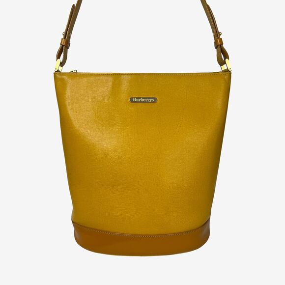Burberrys Yellow Embossed Leather Bucket Shoulder Bag Vintage Nova Check Lining - Picture 2 of 16